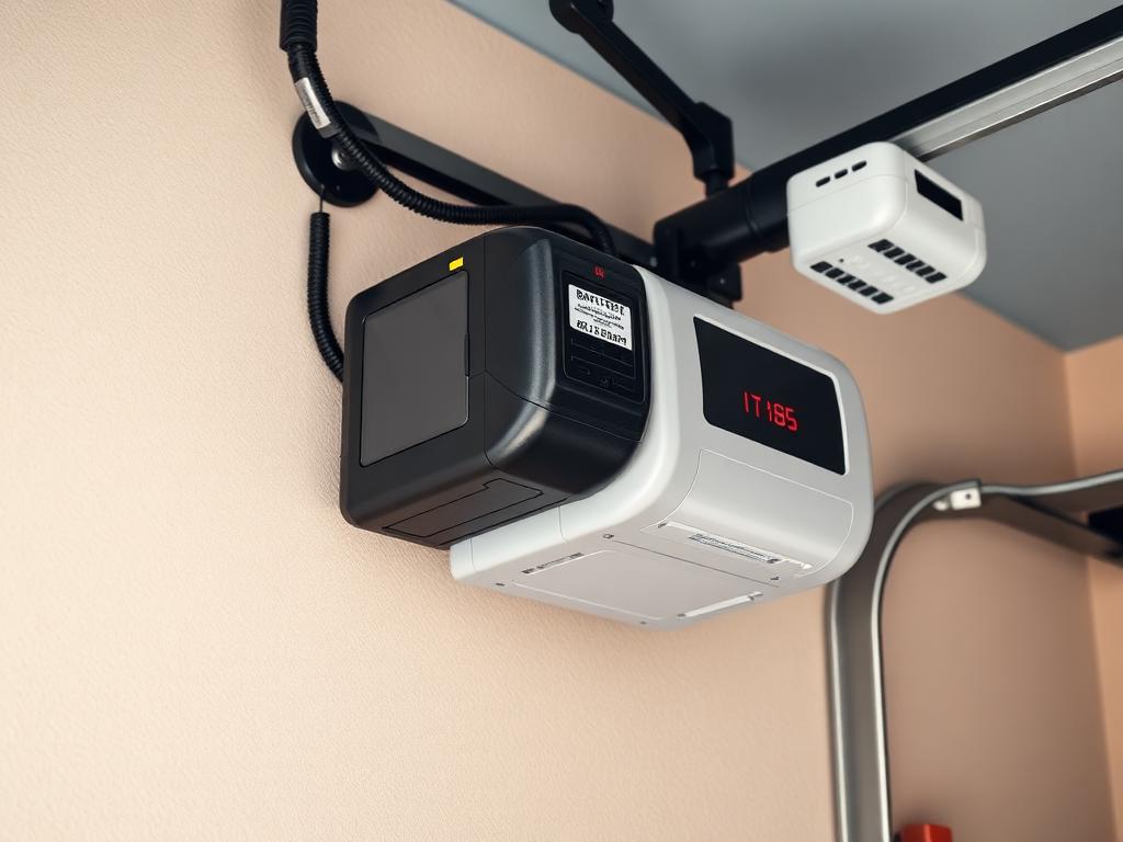 Garage door battery backup unit mounted on wall providing emergency power