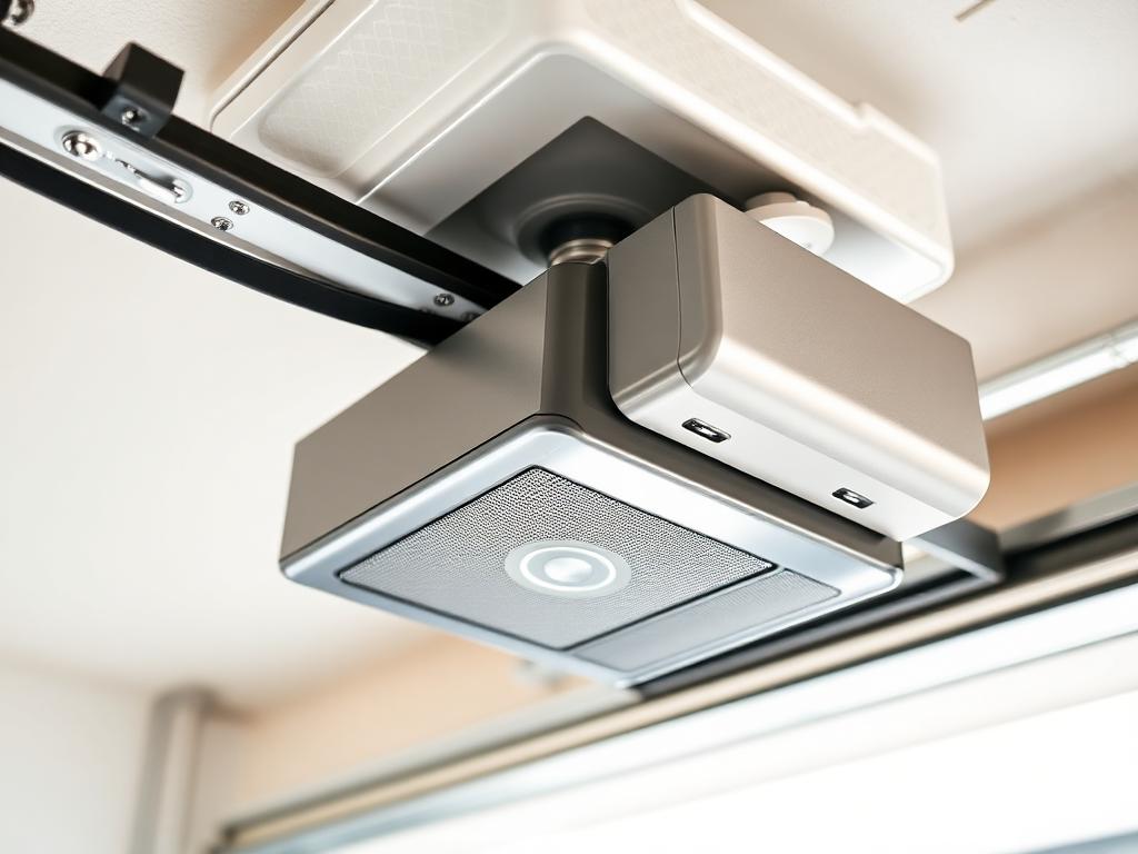 Garage door belt drive opener system showing belt mechanism and motor unit