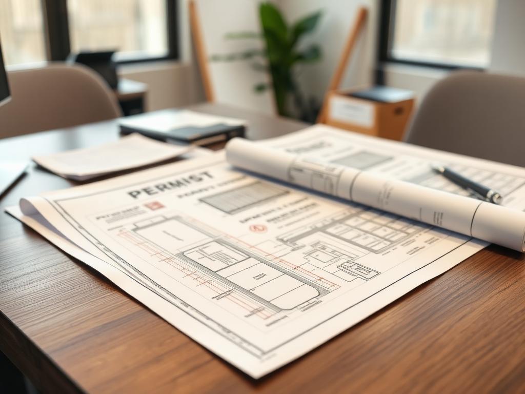 Building permit documents and blueprints for garage door installation project