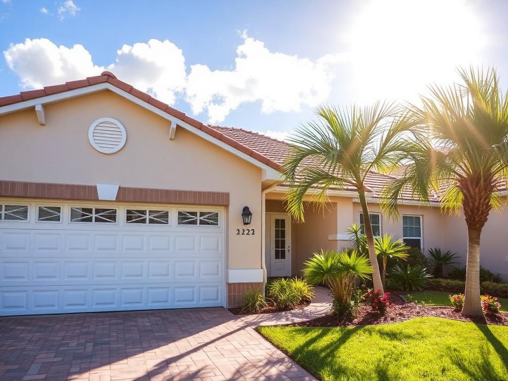 Florida home exterior with white garage door on sunny summer day with palm trees
